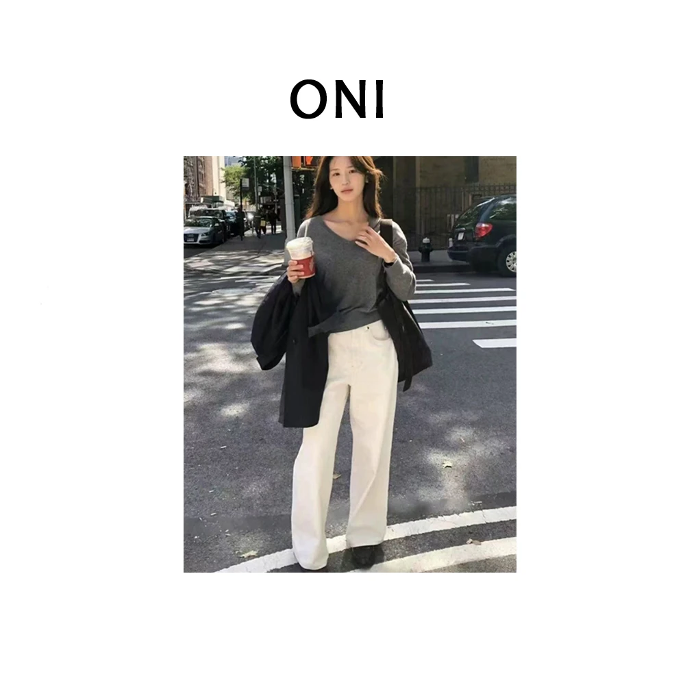 OUNI “ 棉白氧气 “ 八NAI*~韩单白牛宽松显瘦直筒牛仔裤女-
