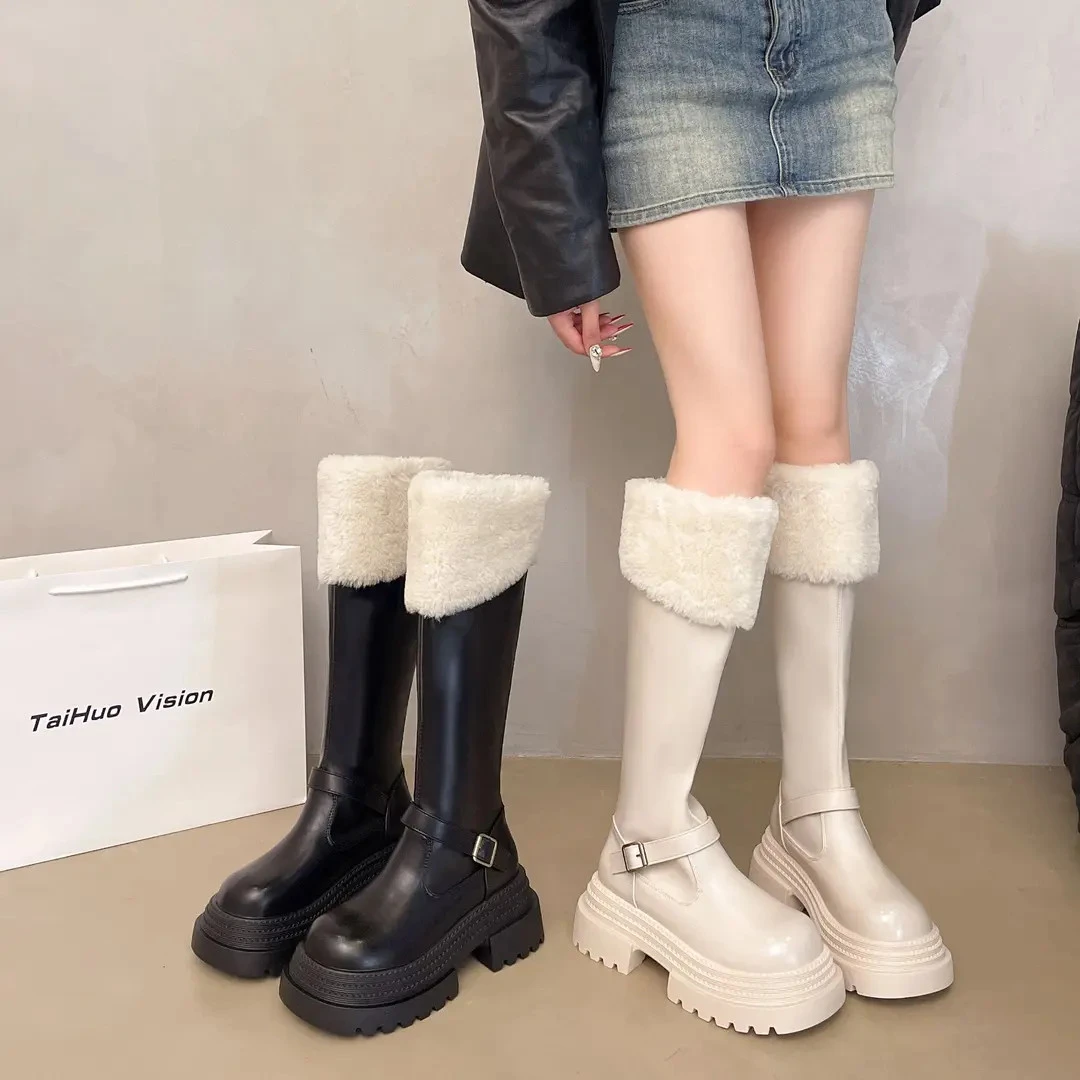 小个子靴子女显高2025新款秋冬加绒高跟羊羔毛高筒靴内增高长筒靴