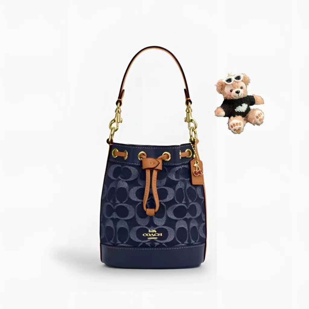 COACH/蔻驰【520送礼】时尚迷你织物抽绳水桶包丹宁蓝新款小福袋