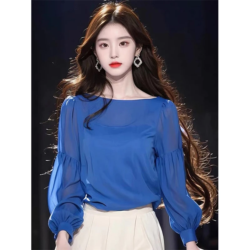 蓝色长袖衬衫春季女2025新款爆款气质小衫法式高级感独特别致上衣