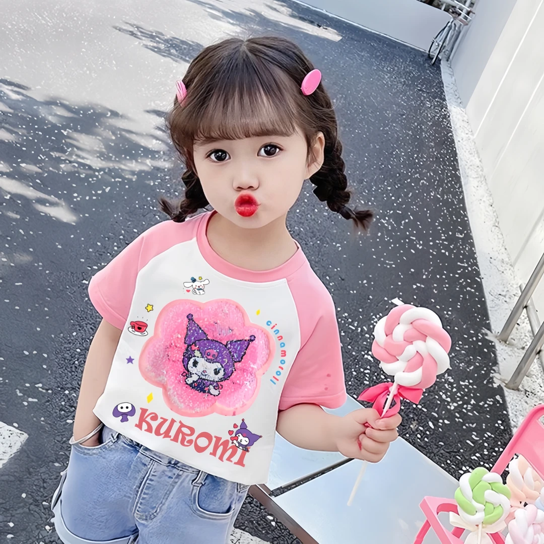 女童短袖纯棉T恤夏季2025新款变色库洛米亮片儿童洋气公主图上衣
