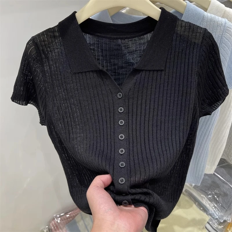 早秋薄款冰丝亚麻针织翻领短袖T恤女2025新款洋气短款polo衫上衣