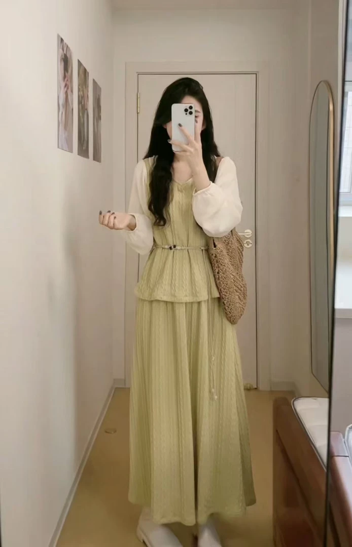 AN.XIN【捕梦少女】法式ins风显白套装~ 假两件拼接毛衣+半身裙5581