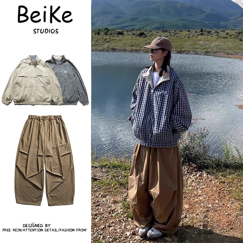 两件装/双面可穿日系复古格子立领夹克男女生宽松短款秋冬外套男