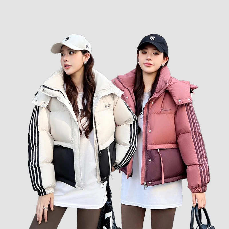 2024冬季保暖连帽加厚拼色运动风时尚百搭短款韩版修身外套Z