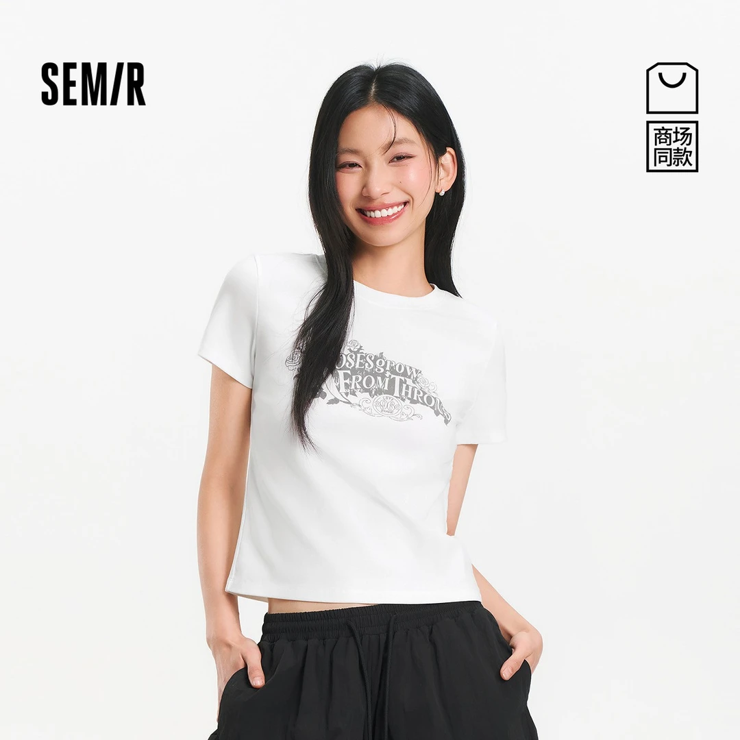 商场同款|森马短袖T恤女显瘦修身2025夏新款印花做旧上衣复古潮