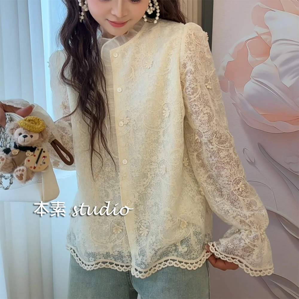 C3303贴花蕾丝全开扣木耳边立领衬衫