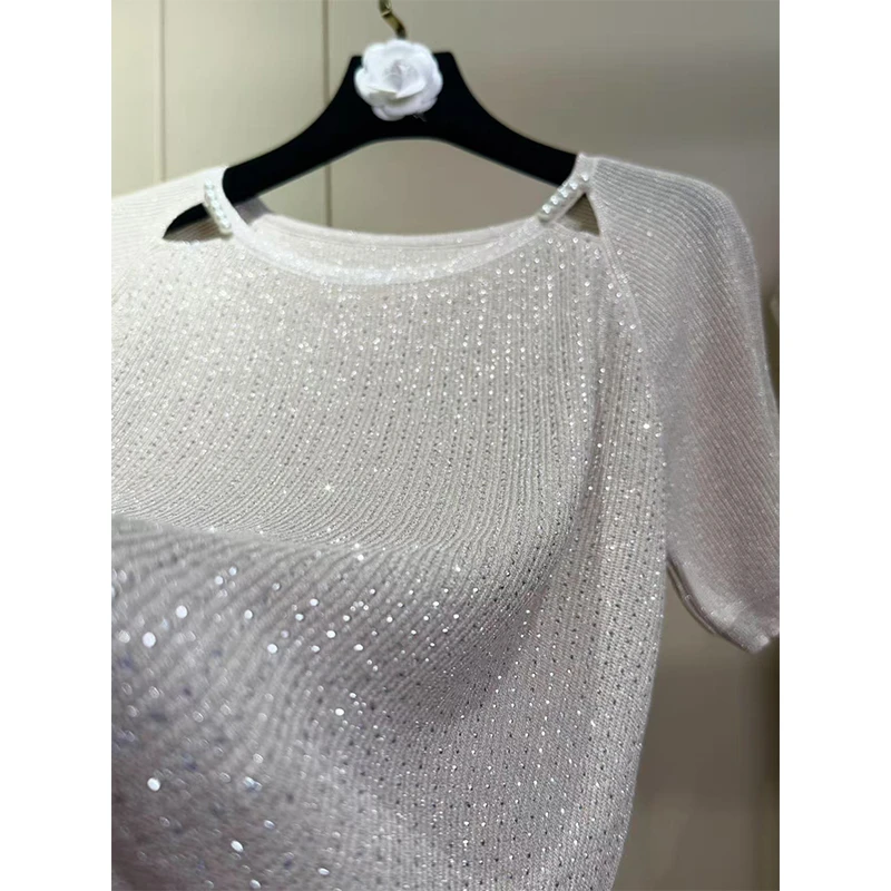 SH轻奢 2025夏款高定烫钻显瘦修身短袖针织毛衣