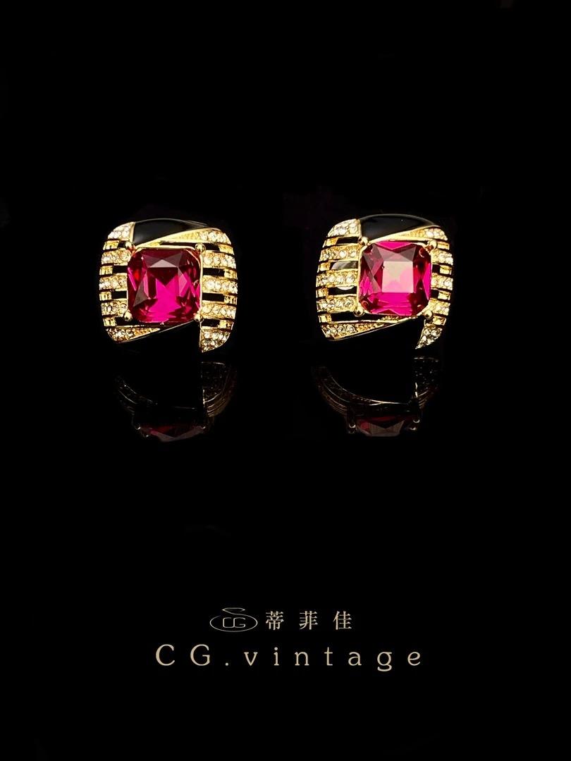 铜合金锆石耳饰 【0187】气质轻奢时尚红色vintage彩色镶嵌银镀