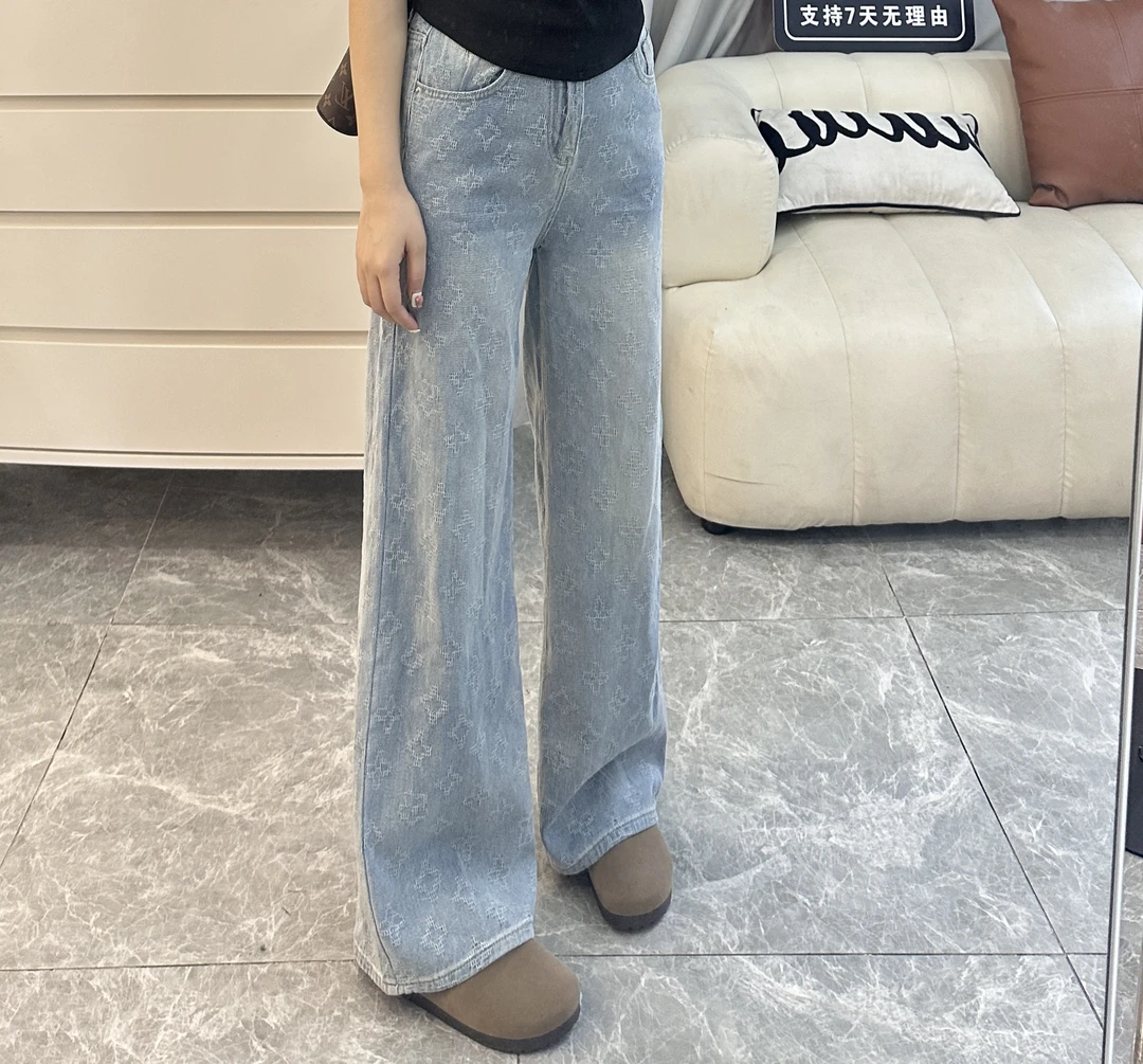 晨小胖  浅色提花阔腿裤夏季新款小个子显瘦大长腿牛仔裤9050