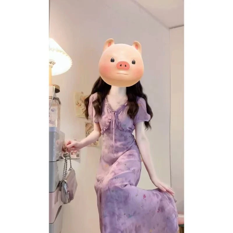 MO88ZSPF大码【野趣蔷薇】夏季晕染蔷薇少女V领法式收腰连衣裙长裙