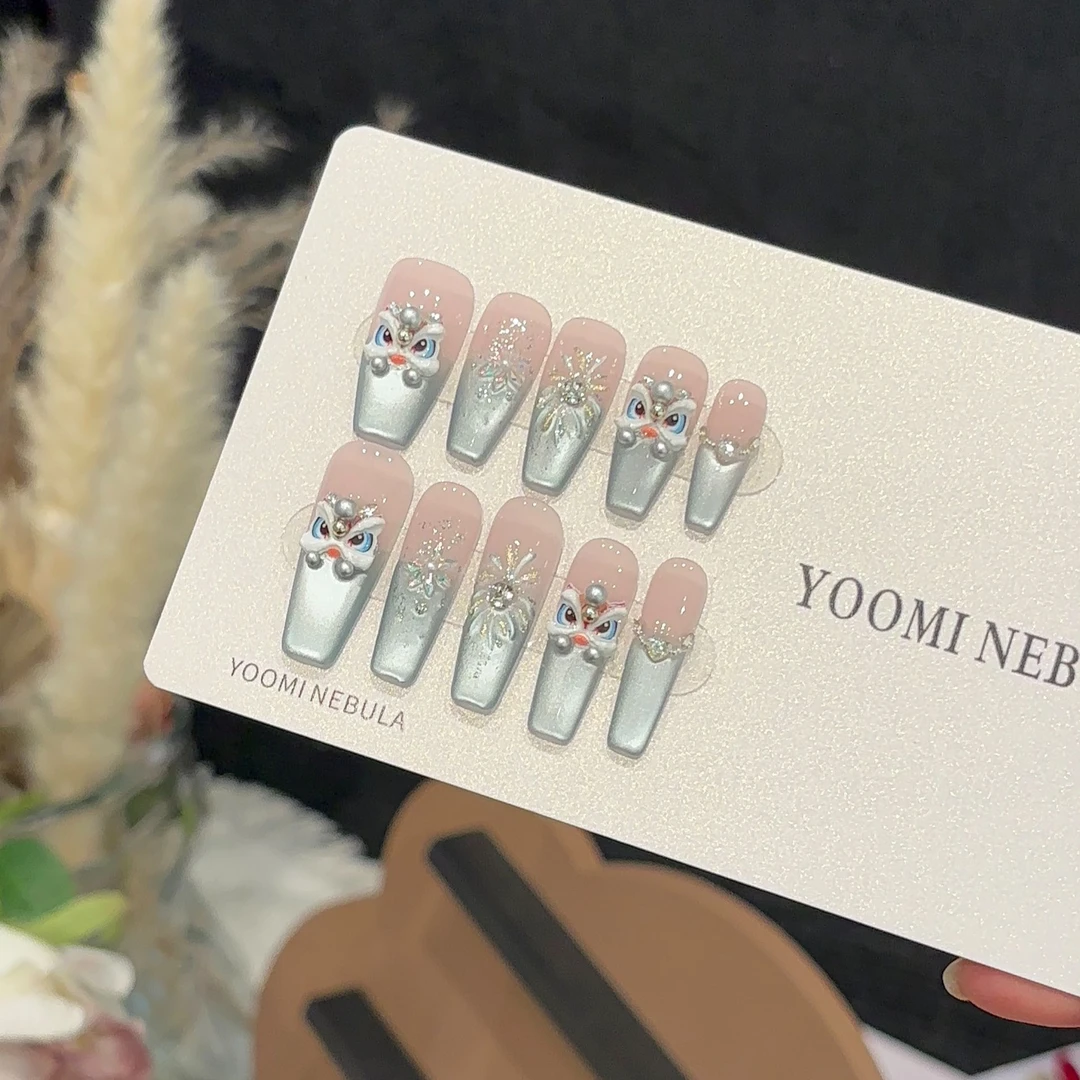 【招财·醒狮】纯手工光疗穿戴甲可拆卸重复佩戴十片装