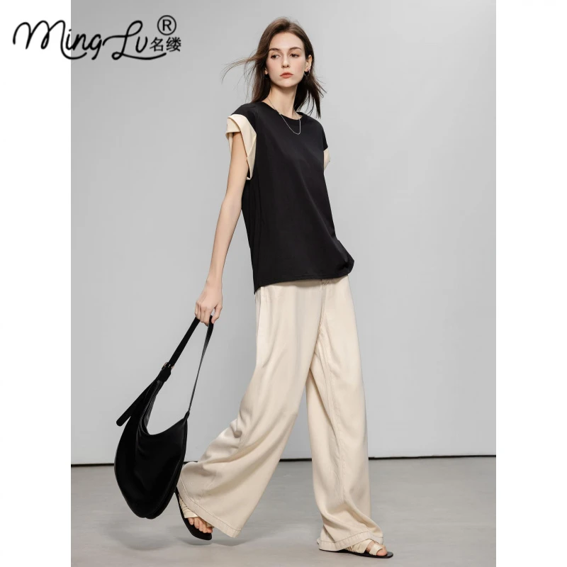 都市通勤对比色缝线牛仔裤女士2025夏季新款时尚轻松高腰隐藏阔腿