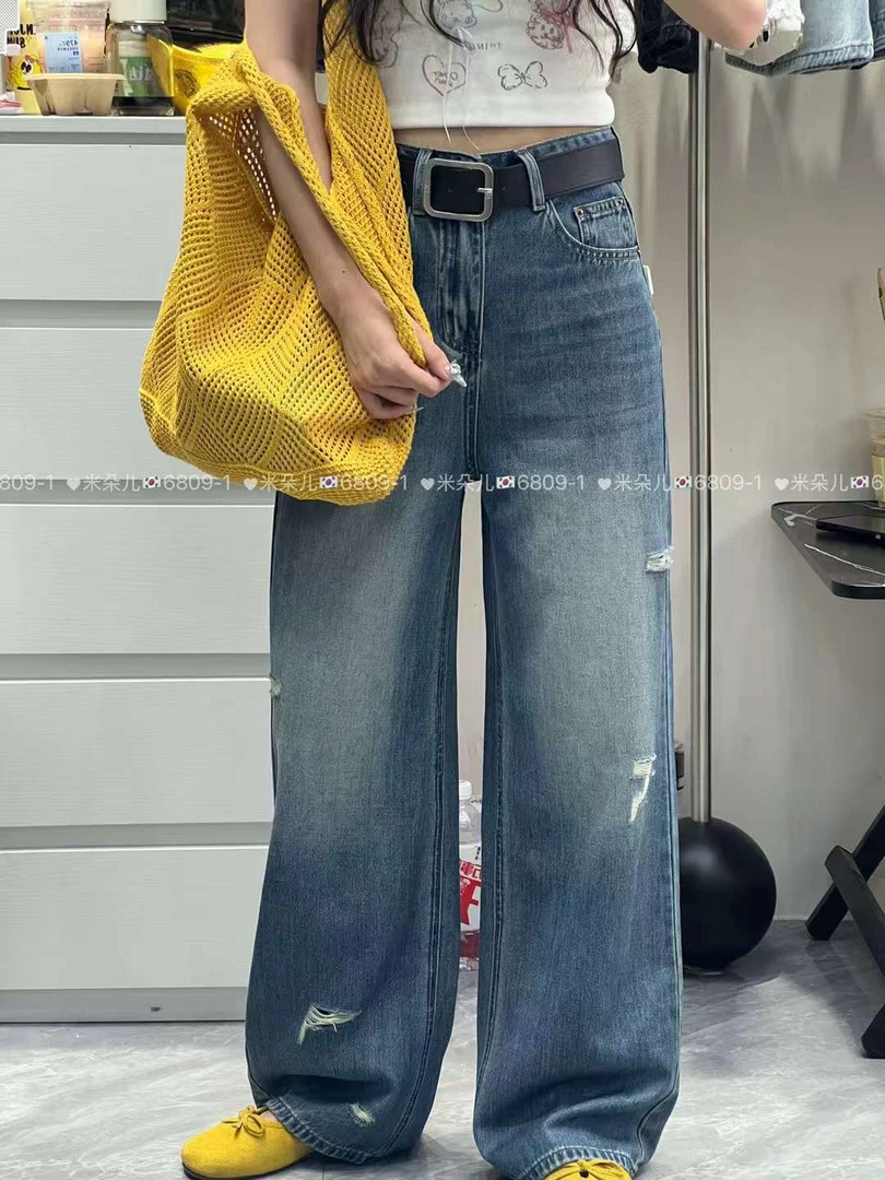 （刘敏服装）6809-1款高腰破洞蓝色阔腿牛仔裤夏季新款显瘦时尚长裤