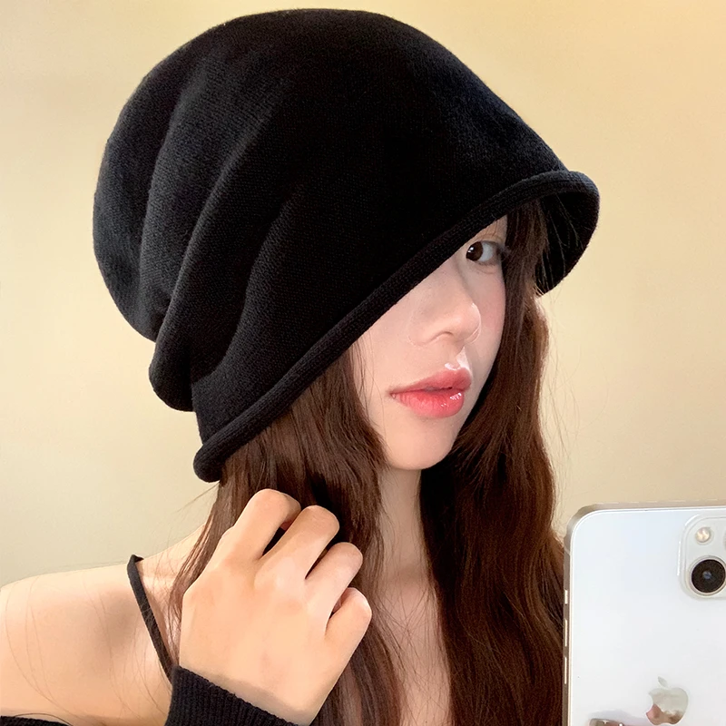 黑色卷边堆堆帽女秋冬季新款韩版百搭包头冷帽大头围针织帽显脸小
