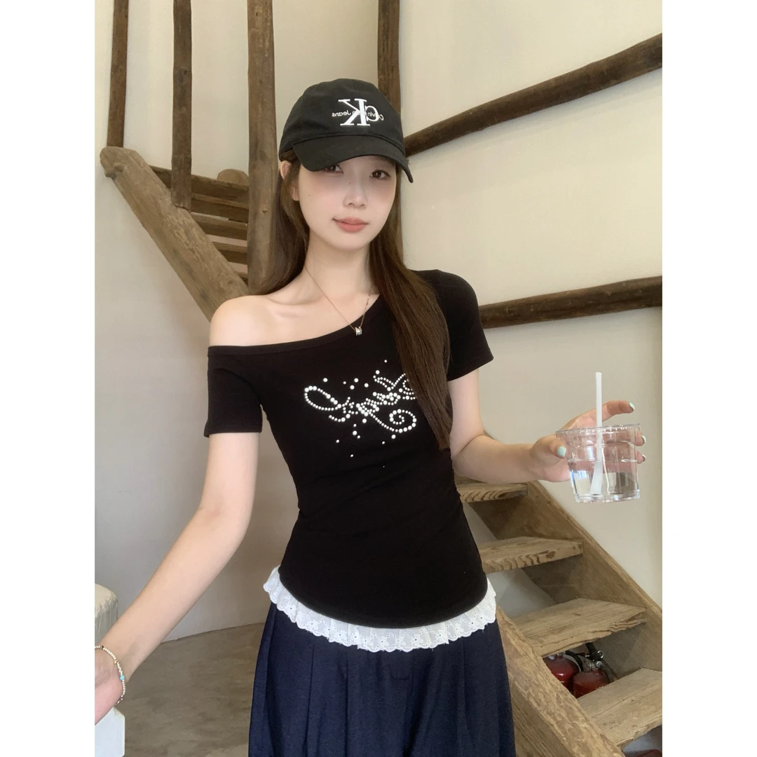 大码胖MM夏季新款烫钻斜肩短袖修身显瘦花边下摆辣妹上衣百搭T恤