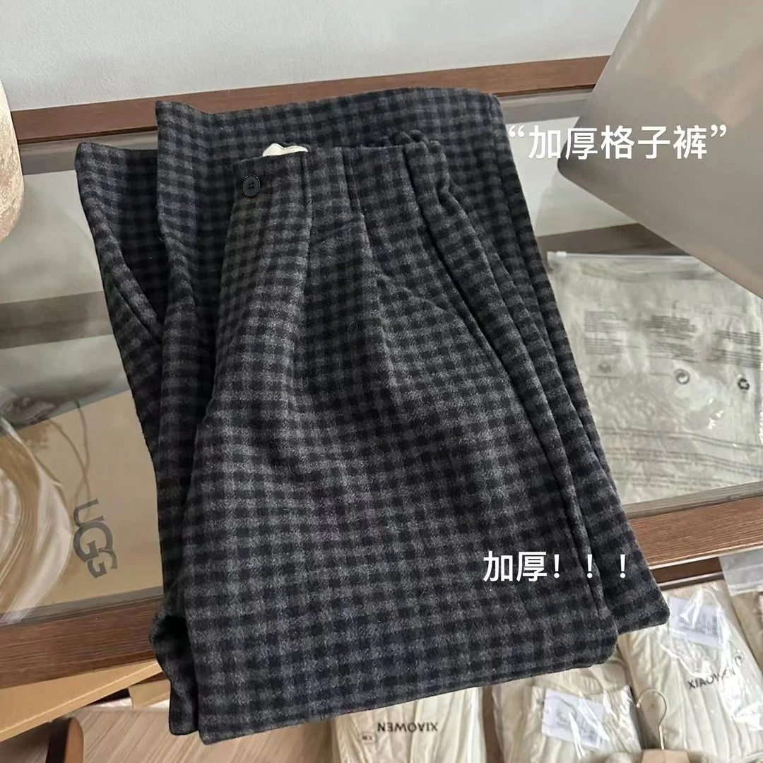 秋冬新款加厚复古格子裤女半松紧垂感宽松百搭显瘦经典阔腿裤