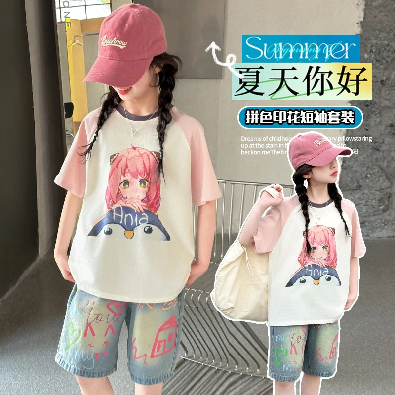 女童2025夏季新款卡通POLO衫短袖时尚休闲涂鸦牛仔短裤两件套百搭