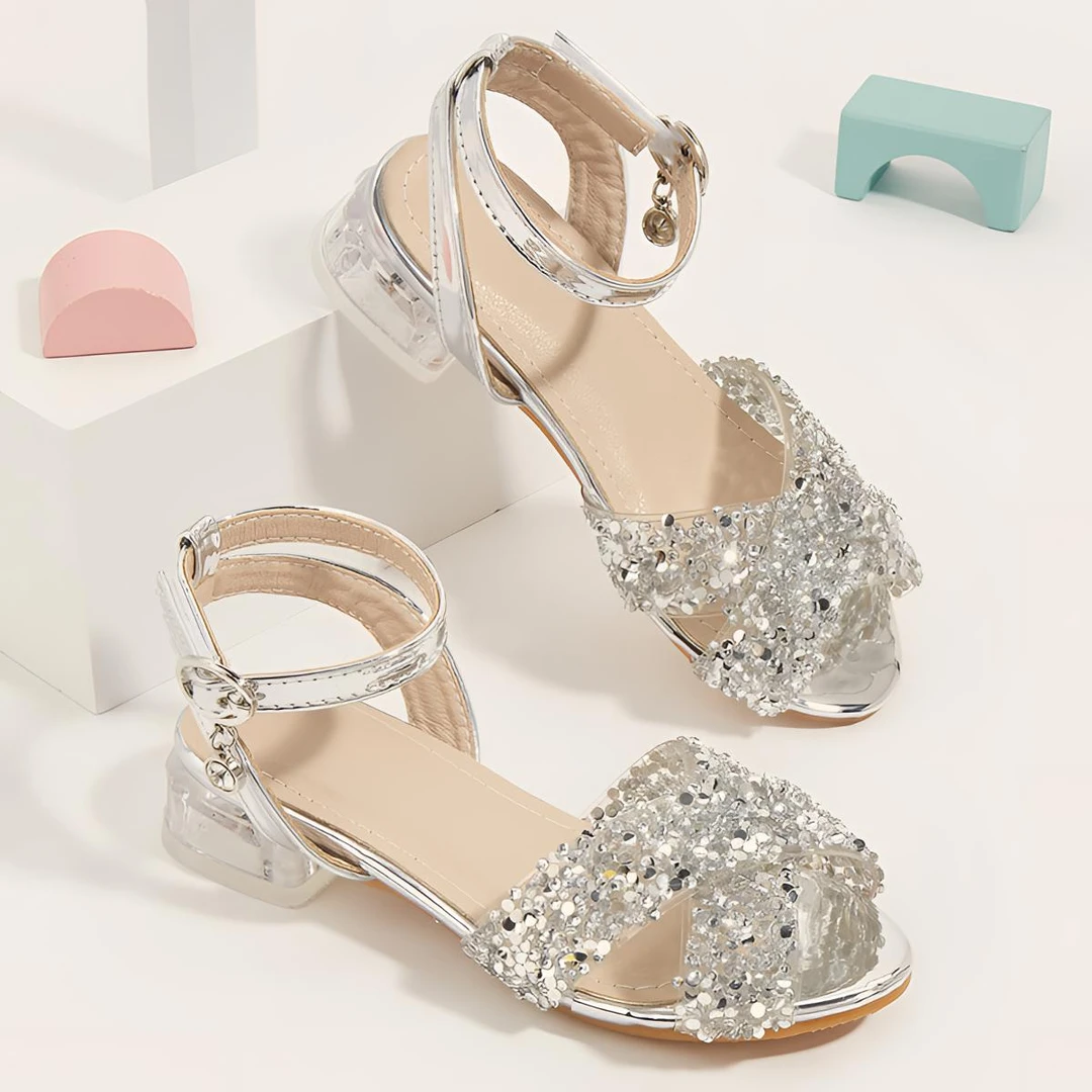 2025新款女童高跟鞋舒适中空银色水钻时尚百搭表演凉鞋689-H18