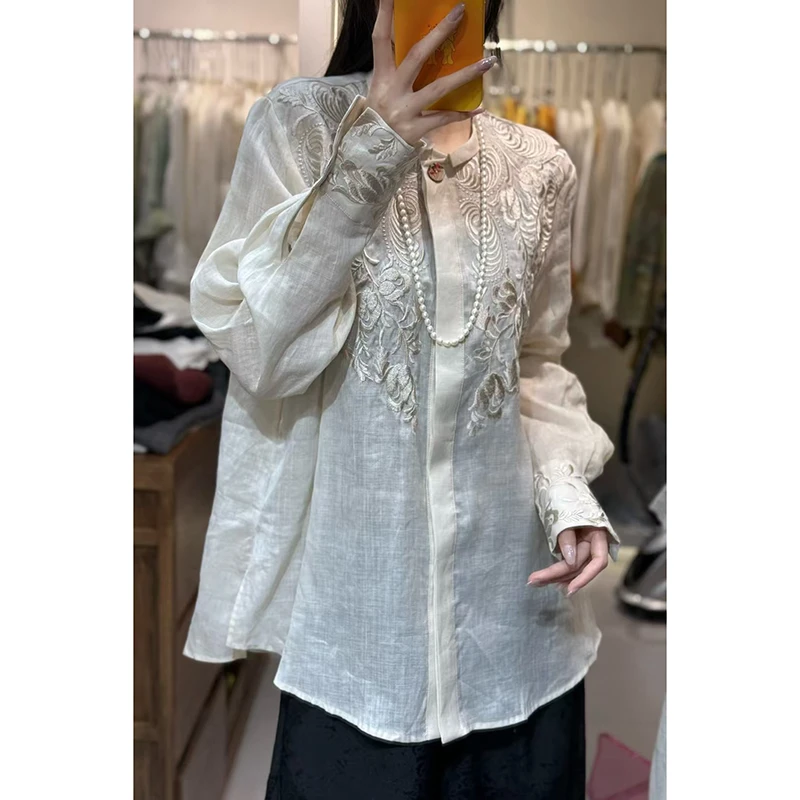 春季气质衬衣宽松简约百搭长袖上衣重工刺绣衬衫女提花5213-8087