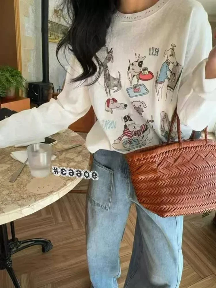 欧货趣味狗狗印花字母刺绣T恤2025休闲减龄破洞针织圆领长袖T恤衫