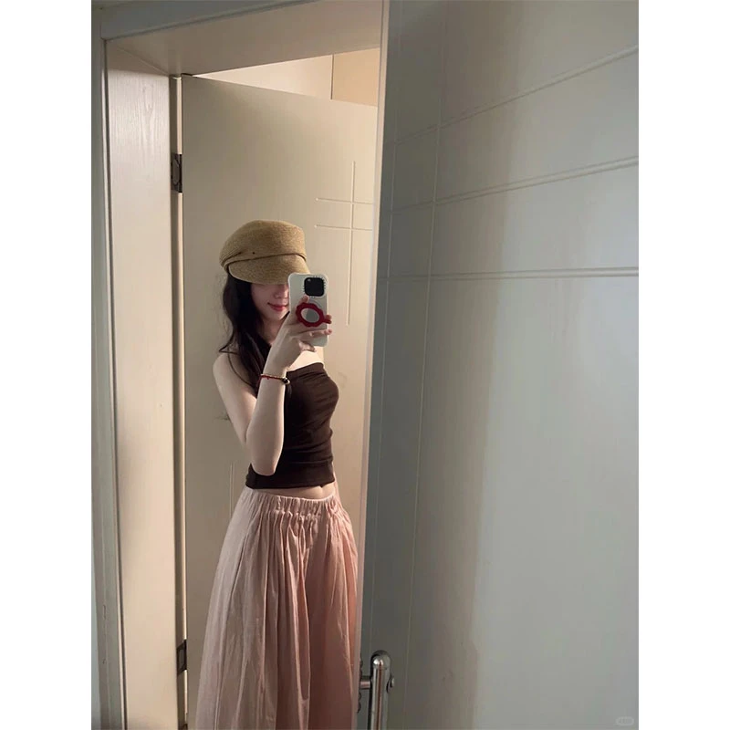 简约休闲风辣妹穿搭套装修身显瘦黑色抹胸上衣高腰宽松垂感阔腿裤