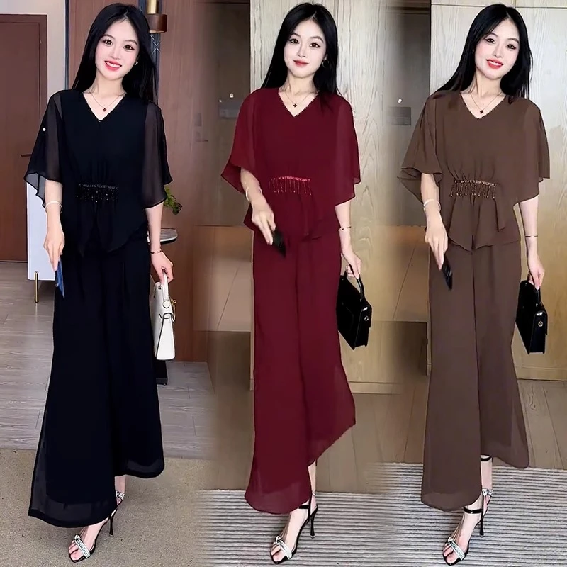 时尚雪纺套装女2025夏季新款洋气遮肉显瘦短袖上衣阔腿裤两件套潮