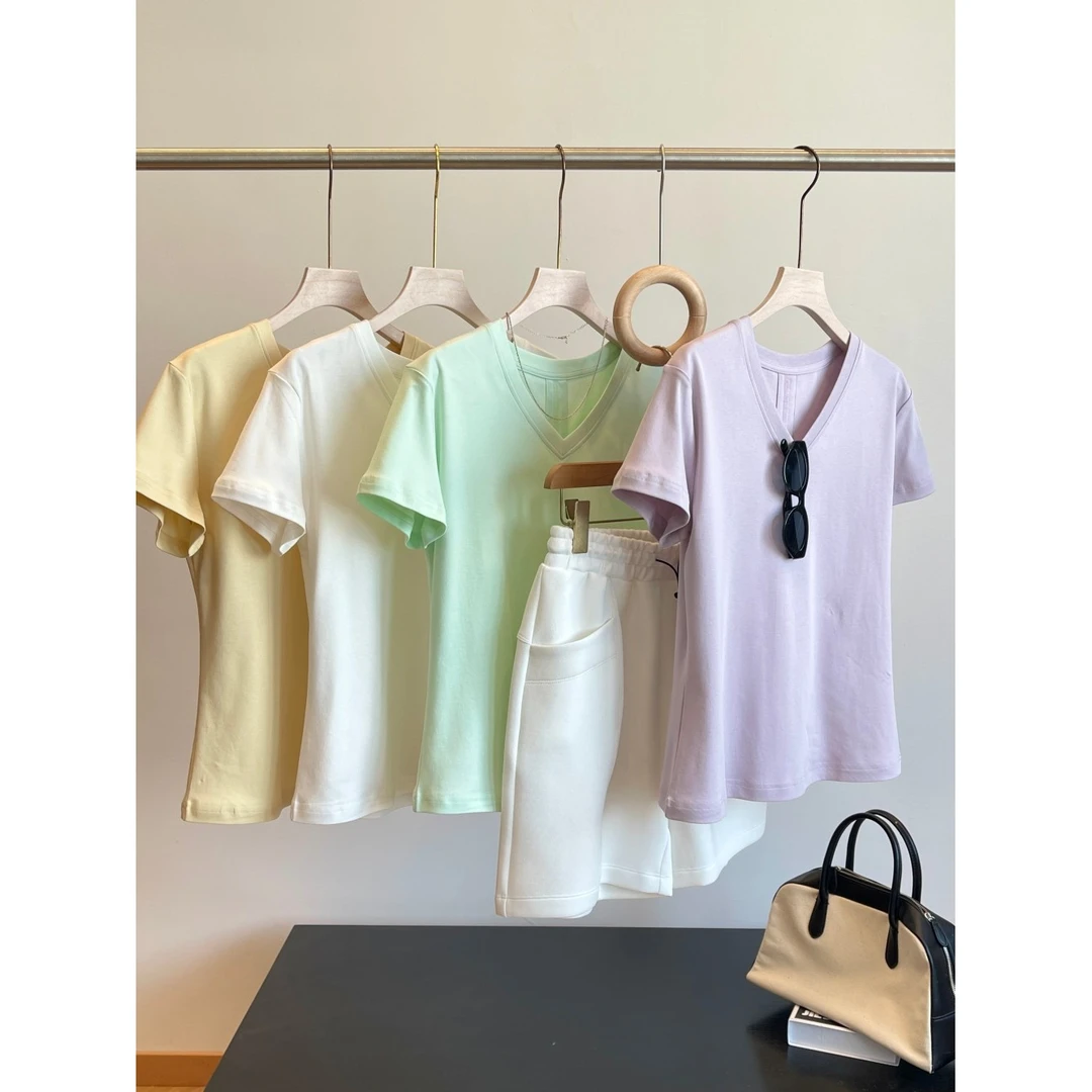 特 瑞士机针+水柔全棉！背后拼接包缝 V领短袖T恤 C10 女装 H1566