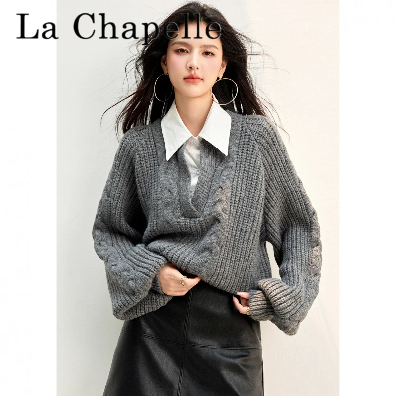 拉夏贝尔秋冬针织衫洋气！假两件打底毛衣女灰色显瘦上衣百搭时尚