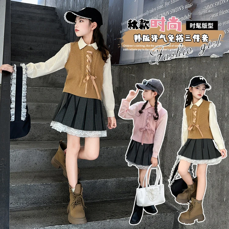 【贝贝优品】女童2025春款 韩版时尚洋气D2436针织蝴蝶结马甲三件套