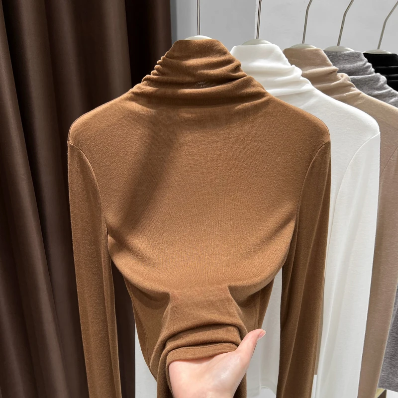 时髦复古咖色贵气长袖T恤女士内搭秋冬季软糯亲肤修身气质打底衫