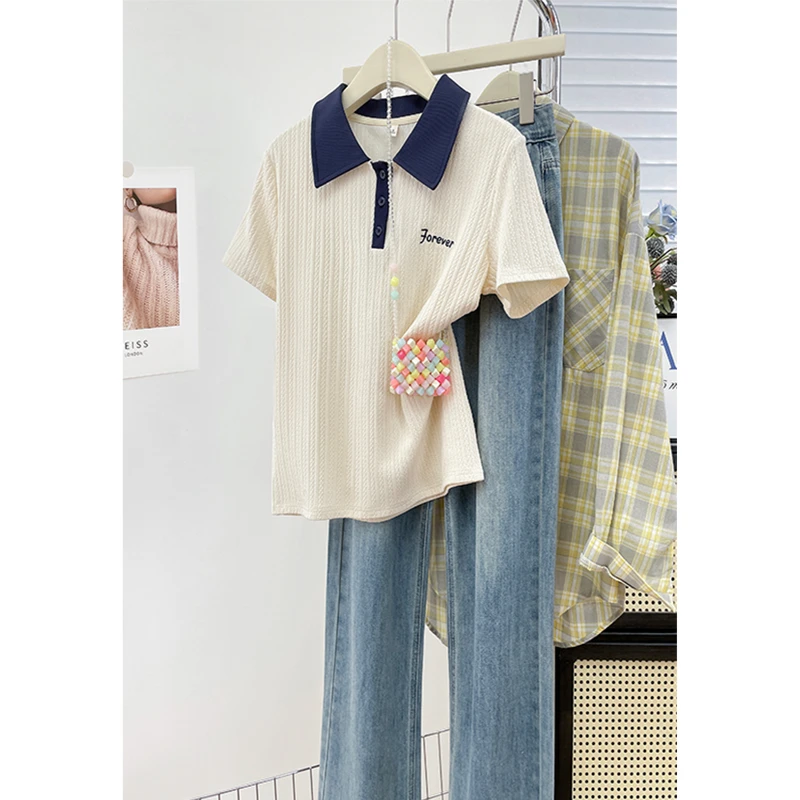 法式气质撞色翻领POLO衫刺绣字母夏季薄款短袖T恤女正肩修身上衣