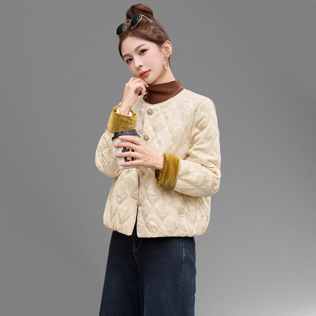 新中式国风提花棉服女短款2025冬季新高级感菱格轻薄棉衣夹棉外套
