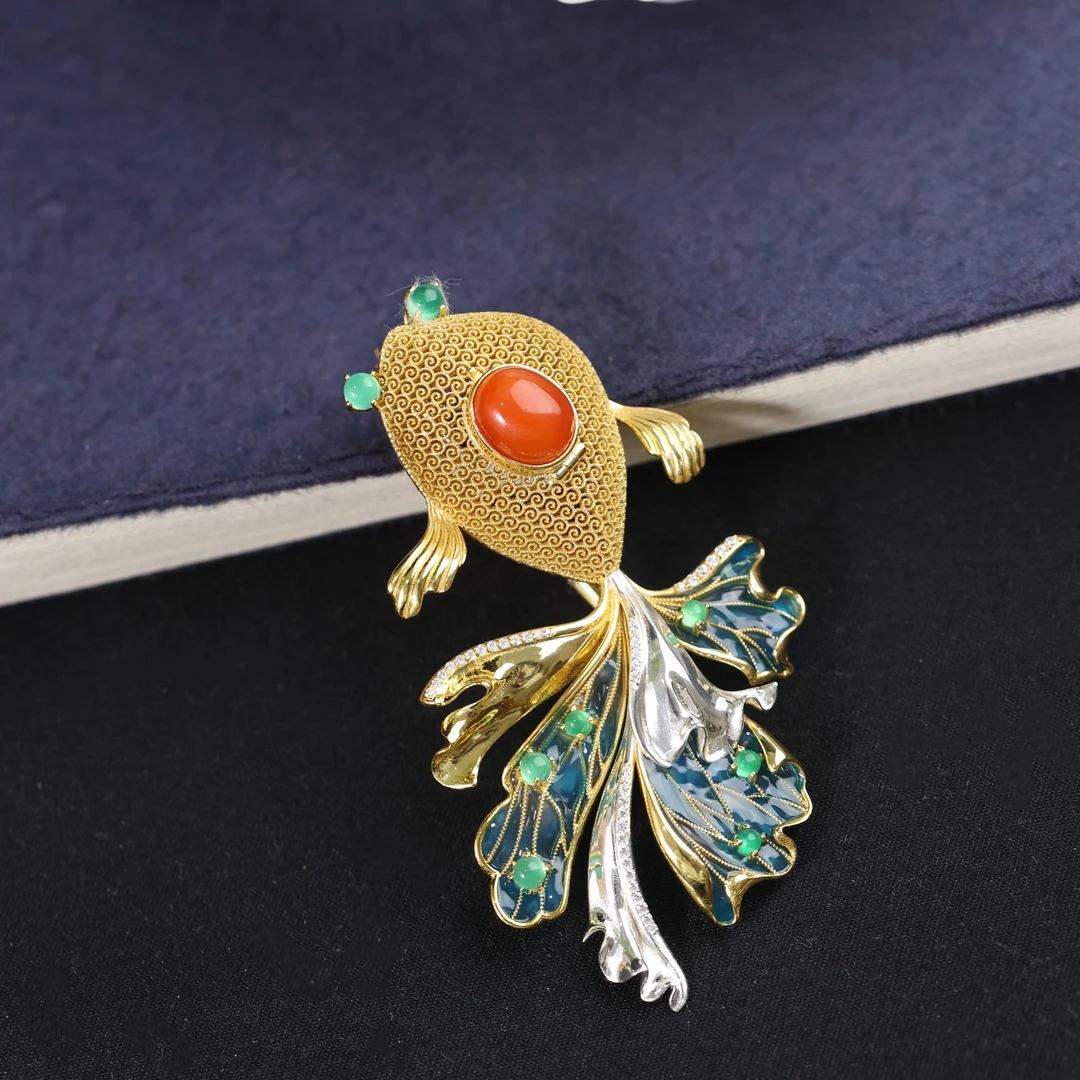 原创国风新中式定制珠宝s925银镶嵌南红金鱼香囊吊坠