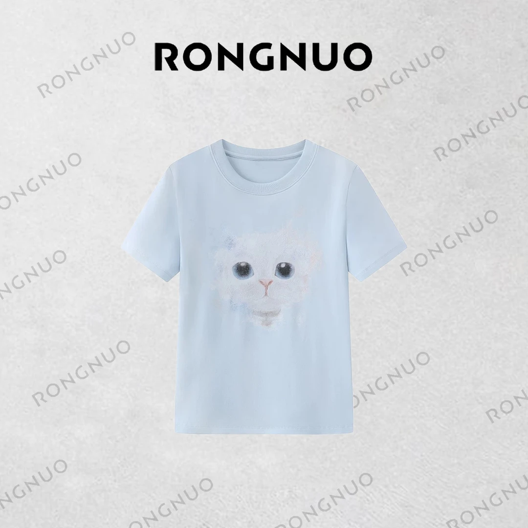 容诺【T恤】短袖2025夏季新款时尚简约植绒印花猫咪三色上衣女A5916