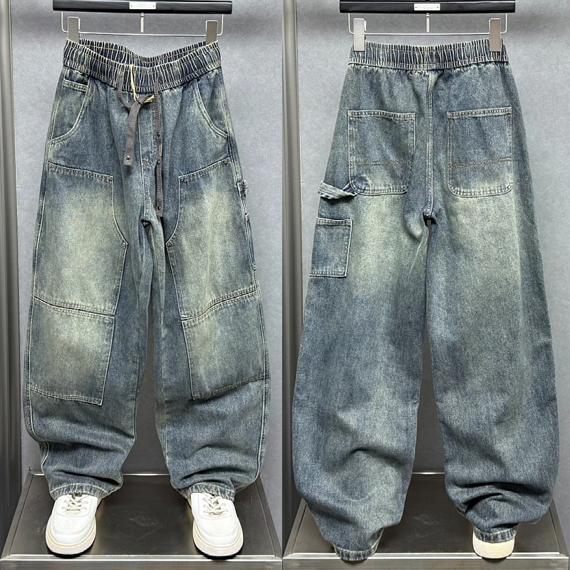 2025秋季新款美式复古水洗蓝色牛仔裤男潮牌拼接宽松直筒阔腿长裤