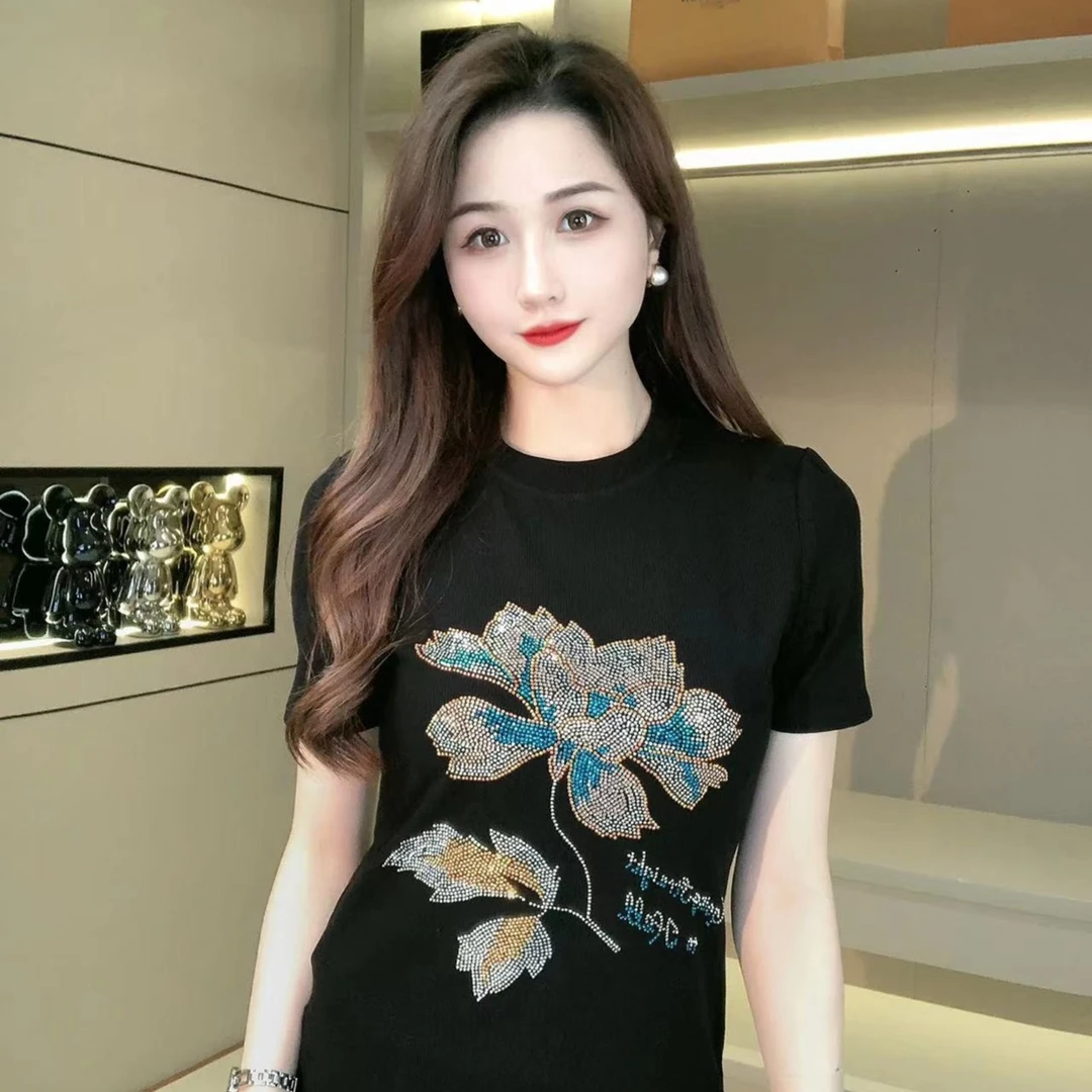 新款烫优雅钻牡丹花T恤QYTB1104