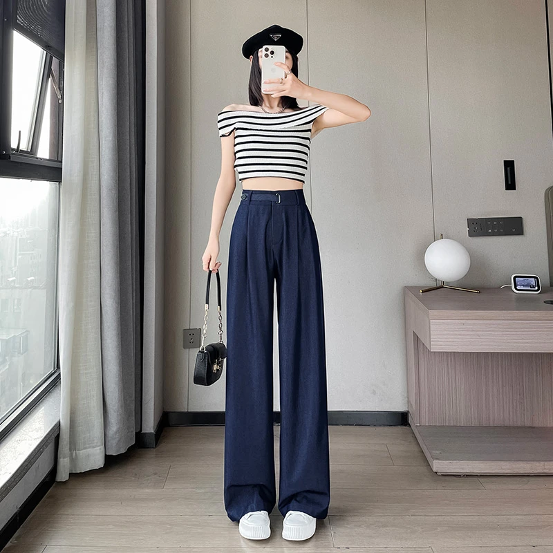 夏季薄款窄版阔腿牛仔裤女小个子高个子高腰垂感时尚百搭休闲长裤