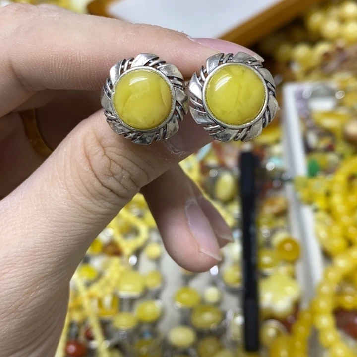 蜜蜡银S925镶嵌裸石耳钉