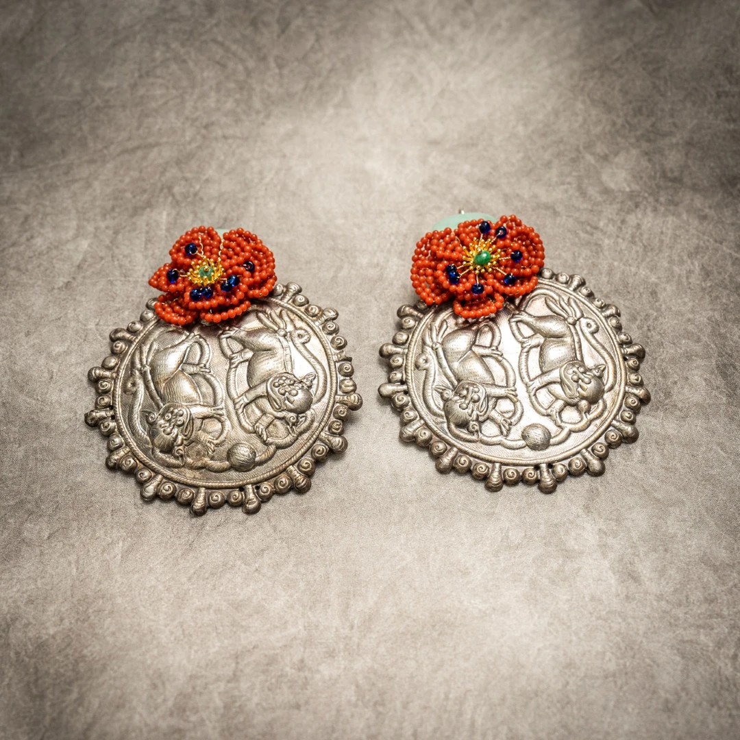 非金属玻璃耳饰 【走心非遗】双狮戏绣球耳环25ZXH219