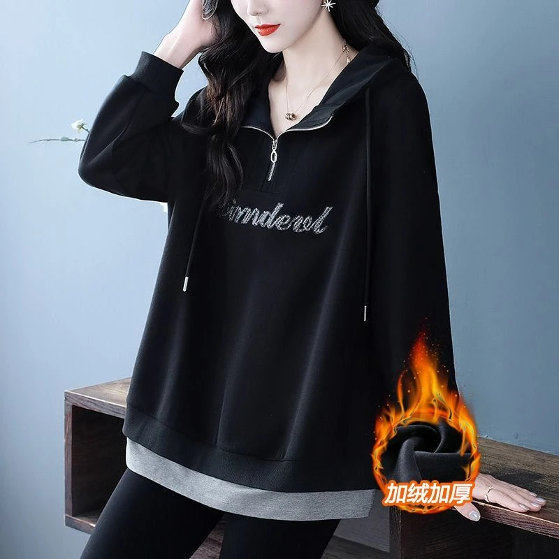 2025秋冬新款大码女装印花连帽卫衣女印花阔太太高档上衣YY251138