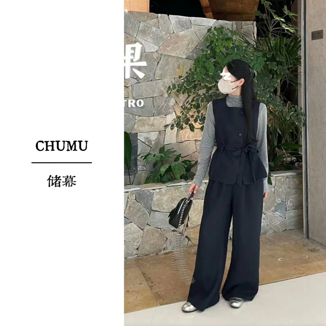 CHUMU/储慕半高领打底衫+马甲外套+阔腿裤三件套