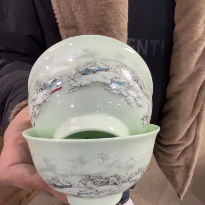 瓷片景德镇陶瓷绿稀稀雪景米饭碗2只
