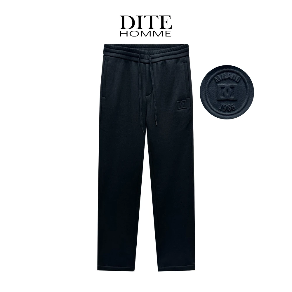 Dite迪特男士秋冬季厚加绒加厚简约抽绳高弹直筒宽松休闲黑色卫裤
