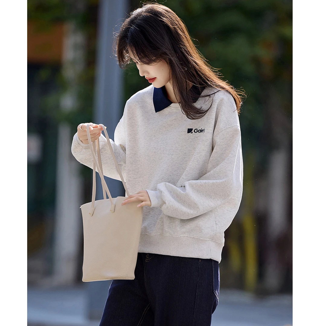 尚静少女减龄假两件卫衣2025秋季新款小个子Polo拼接刺绣字母上衣