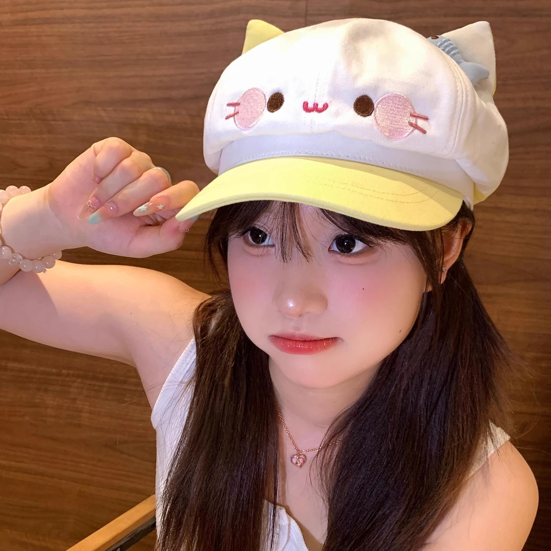 可爱卡通小猫耳朵贝雷帽女甜美百搭八角帽大头围显脸小画家帽子潮