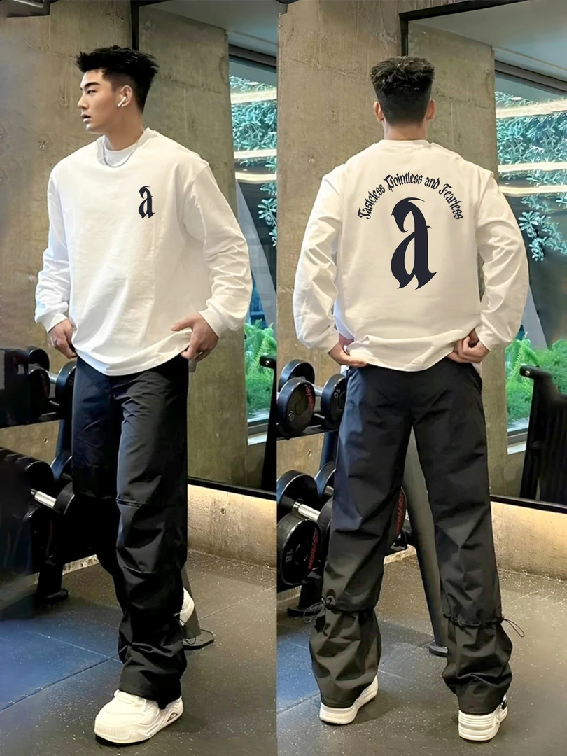 【重磅纯棉】潮牌花体字母长袖T恤春秋字母男装圆领宽松休闲打底衫T