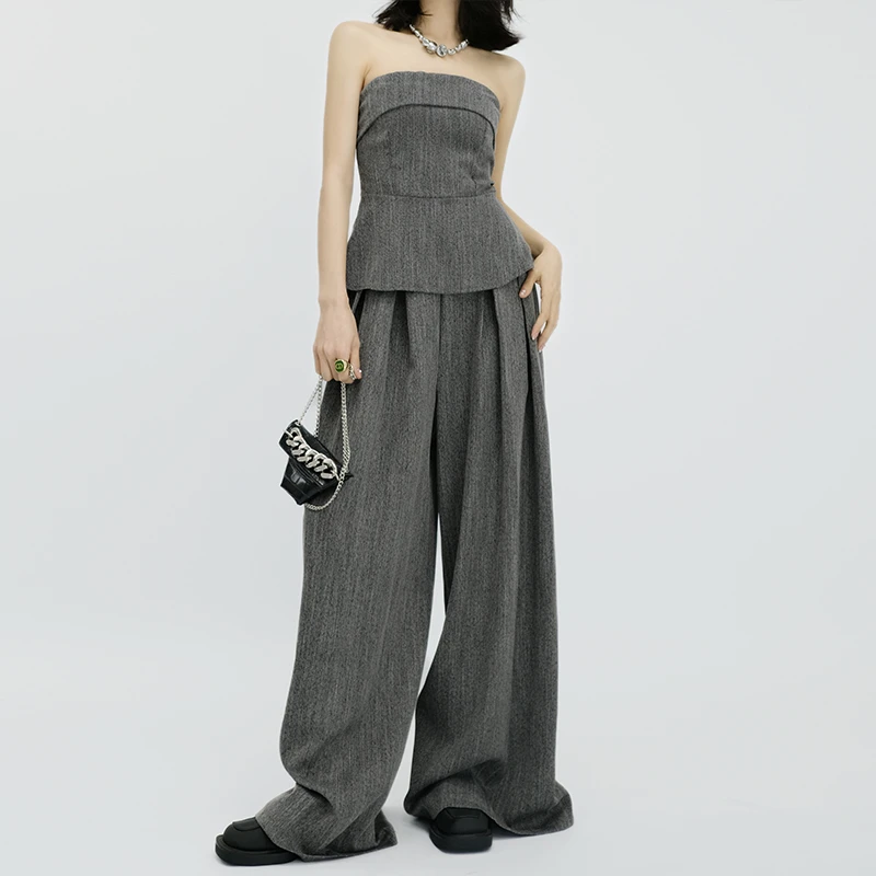 韩系甜酷辣妹灰色修身无袖上衣高腰阔腿裤两件套女夏季薄款套装