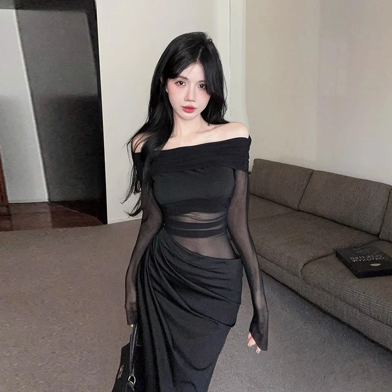 2025新款轻熟御姐黑色网纱一字肩连衣裙镂空设计收腰宴会气质长裙