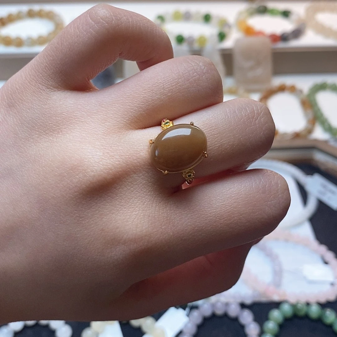 和田玉戒指银S925镶嵌且末红糖开口戒